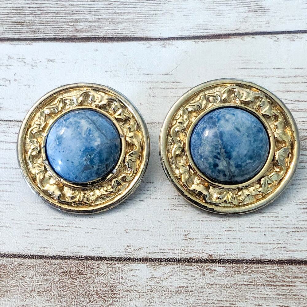 Vintage Clip On Earrings Large Blue Center with Gold Tone Ornate Halo 1 & 1/8"